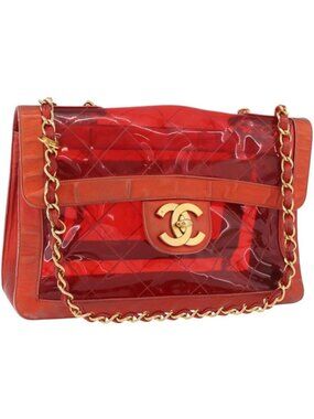 CHANEL Matelasse Chain Shoulder Bag Vinyl Red Gold CC